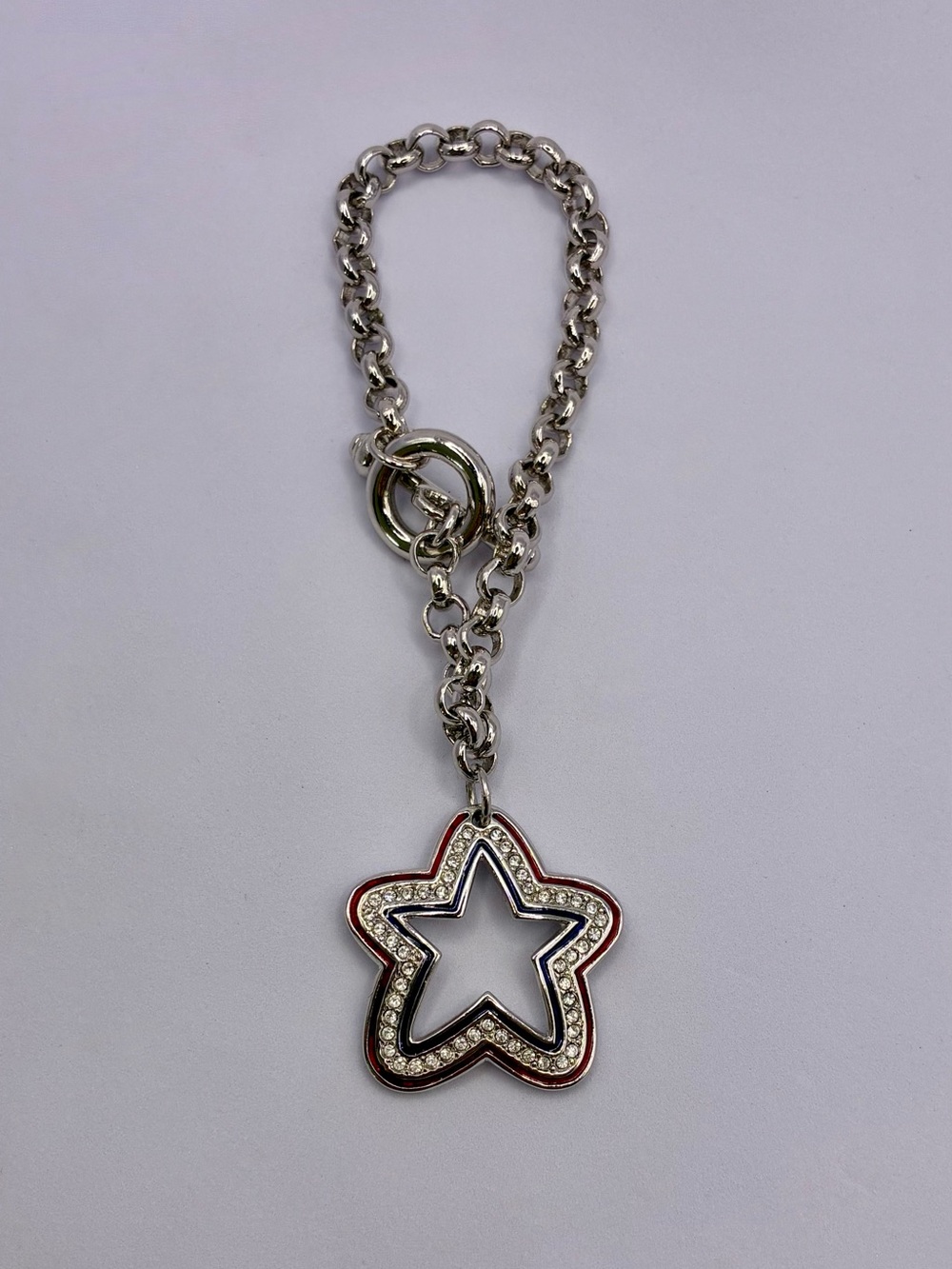 Swarovski Signed Silver-Tone Patriotic Crystal Star Charm Toggle Bracelet